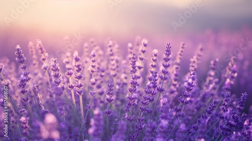 Tranquil photo capturing the beauty of a lavender field in full bloom with a warm sunset glow