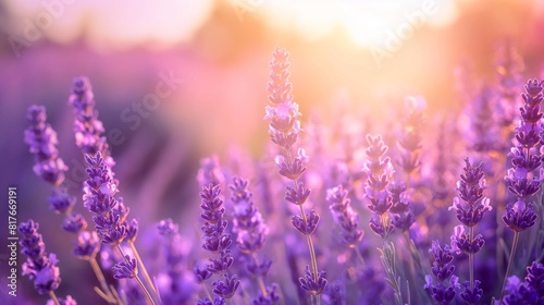 Tranquil lavender field basks in the warm light of sunset, radiating serenity and natural beauty © Татьяна Евдокимова