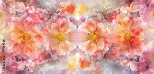 Abstract background, watercolor paintings of spring flowers in an elegant and symmetrical pattern 