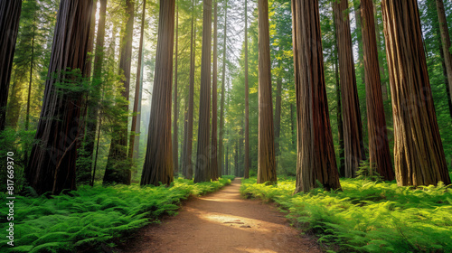 Tranquil and peaceful hiking trail through the sunlit redwood forest. Surrounded by towering trees. Greenery. Ancient trees. Perfect for eco-friendly outdoor eco-tourism and wanderlust adventures