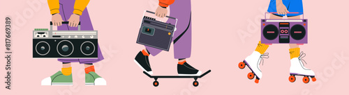 Set of characters holding a retro tape recorder. Nostalgia. Trendy vector illustration.