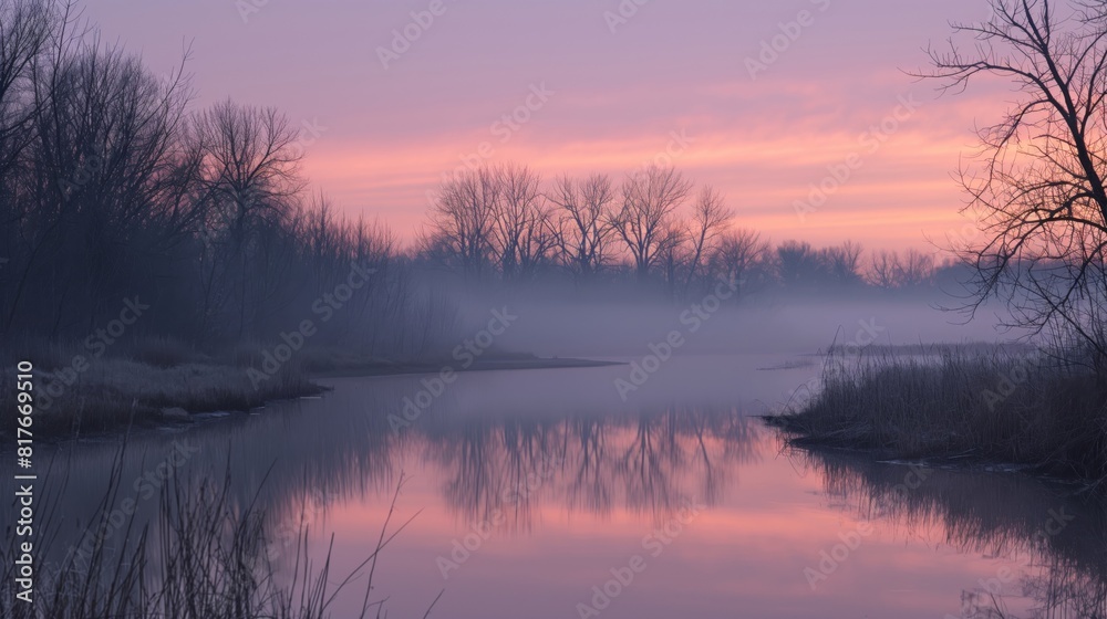 Tranquil dawn scene with pastel skies reflected in the calm river waters, enveloped by morning mist