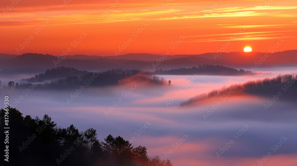 Peaceful sunrise scene with vibrant colors illuminating the mist-covered landscape in early spring Peaceful sunrise scene with vibrant colors illuminating the mist-covered landscape in early spring