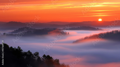 Peaceful sunrise scene with vibrant colors illuminating the mist-covered landscape in early spring