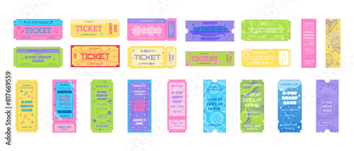 Big set of tickets for a music concert of a K-pop group. Vector illustration isolated on white background