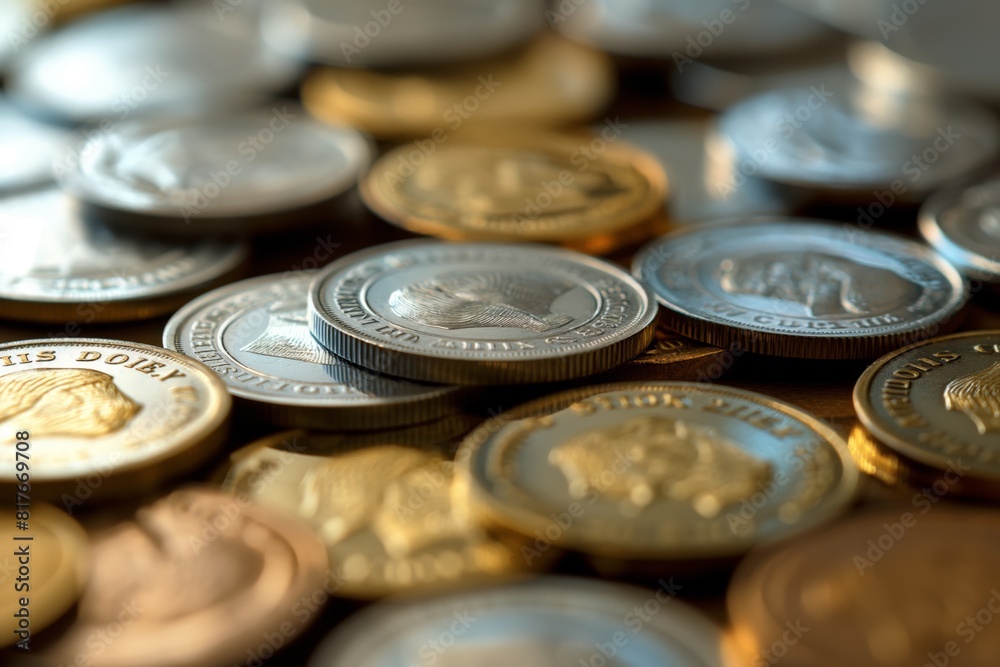 Closeup of assorted metallic coins shimmering in soft focus, epitomizing fiscal prosperity and the essence of savings and investment Closeup of assorted metallic coins shimmering in soft focus, epitomizing fiscal prosperity and the essence of savings and investment