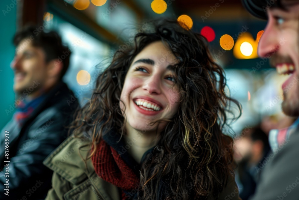 Portrait of a beautiful young woman with long curly hair laughing in a pub