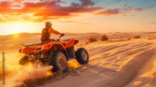 Sunset orange ATV racing across sandy dunes, copy space for text on the left side.