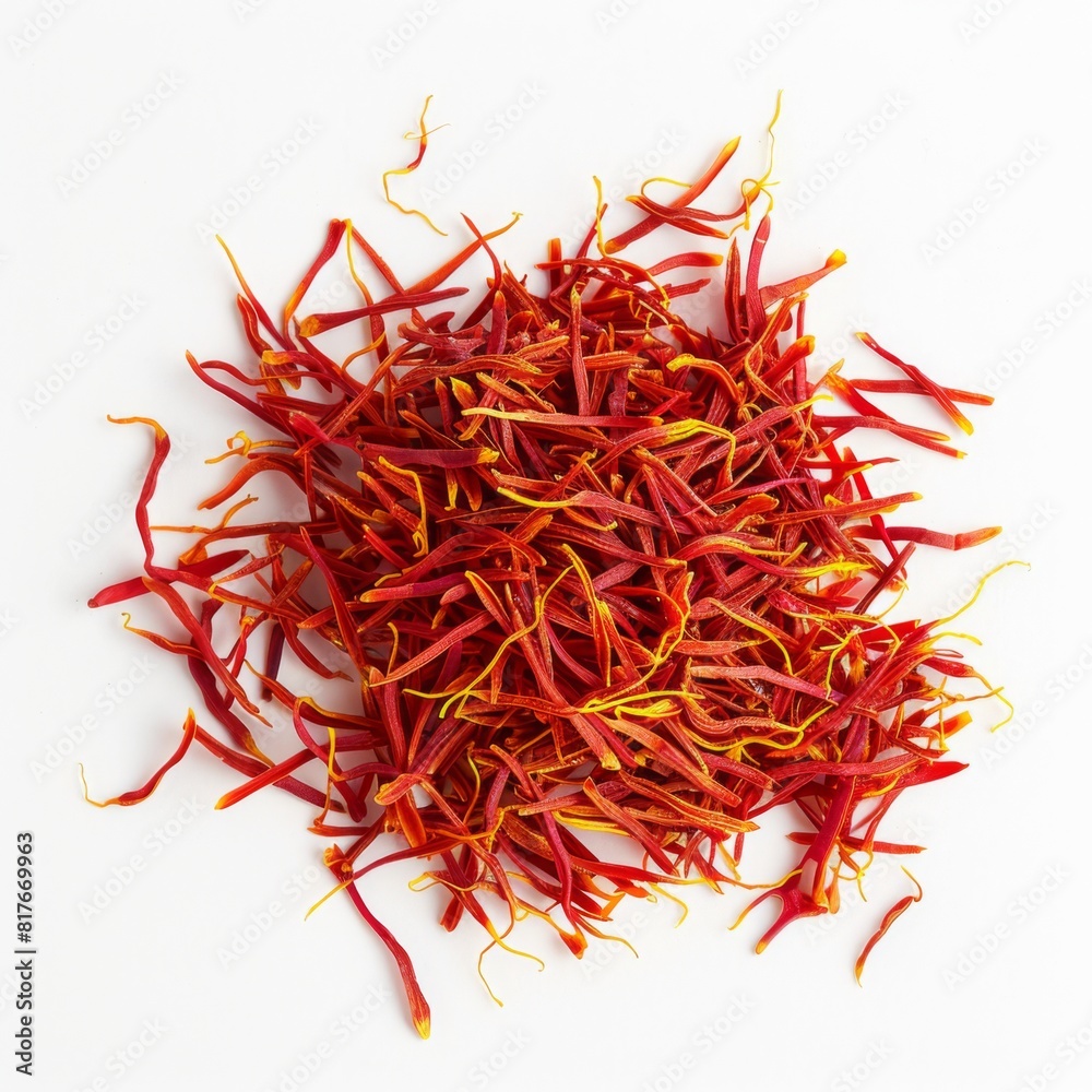 Fototapeta premium Red and yellow saffron piled up against a white background