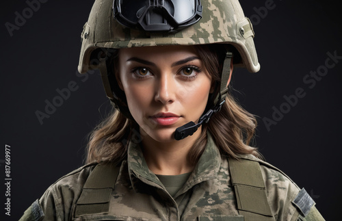 Young woman with military uniform including camouflage fatigues and a helmet on dark background