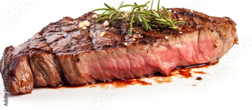 A slice of grilled juicy beef and pork steak placed on a white background with room for other elements in the image. Creative banner. Copyspace image