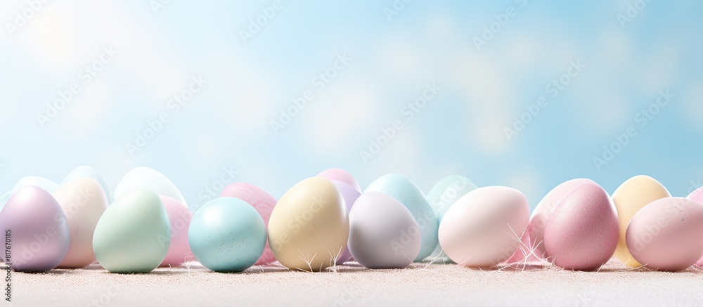 A copy space image featuring pastel colored Easter eggs with a blank white label on a holiday themed background A copy space image featuring pastel colored Easter eggs with a blank white label on a holiday themed background