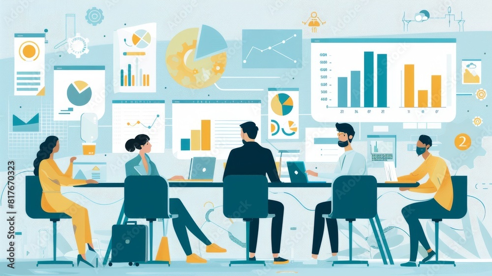 An illustrated image showcasing a team of four professionals collaborating in a vividly decorated office space with charts and graphs on the monitors