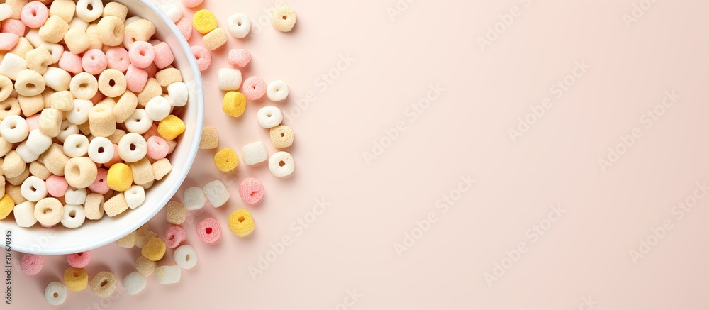 An aerial perspective of a bowl filled with cereal rings and marshmallows creating an appealing copy space image An aerial perspective of a bowl filled with cereal rings and marshmallows creating an appealing copy space image