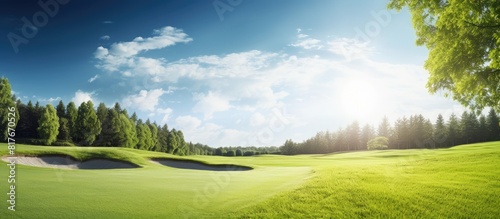 A sunny day on the fairway showcasing a golf approach shot with an iron. Creative banner. Copyspace image