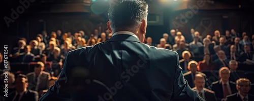 A back view of a politician speaking from a podium, with the audience in the foreground on election day photo