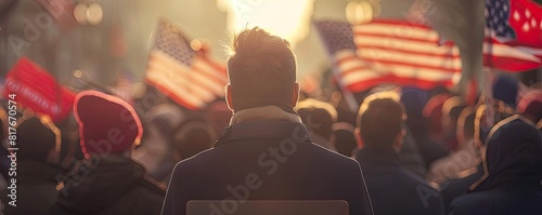 A back view of a politician at a podium, rallying supporters on election day © PBMasterDesign