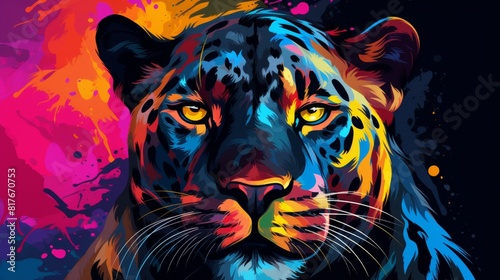 Portrait of tiger. Bright multicolored illustration. Neon tiger on a dark background. Colorful animal face