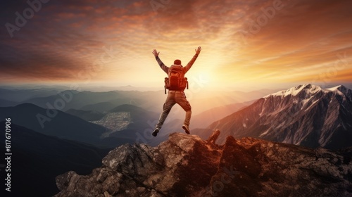 Silhouette of businessman celebrating on the top of mountain. Success concept.