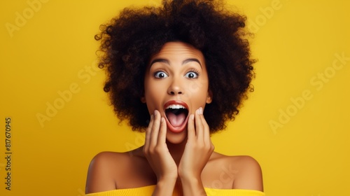 Surprised young woman shouting over yellow background. Wow face person.