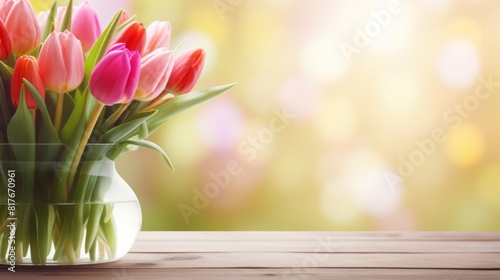 Beautiful bouquet of tulips in glass vase on wooden table. blurred background. Copy space