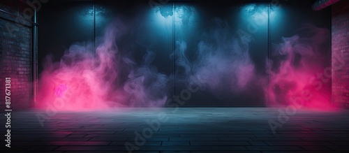 Dark room with empty walls neon light smoke and a captivating glow providing an ideal background for a copy space image