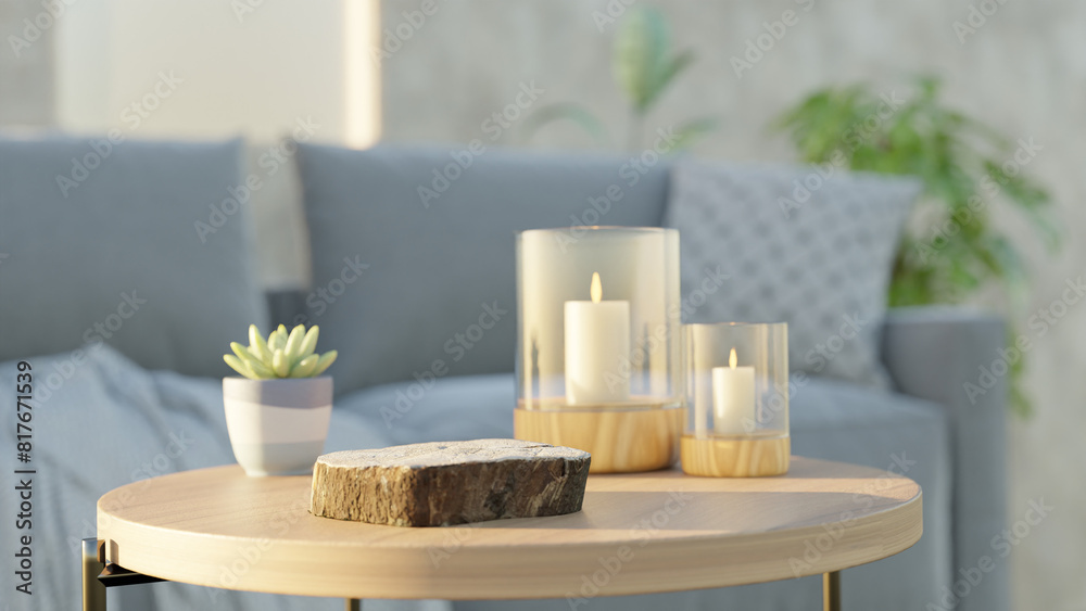 Modern boho interior of living room in cozy apartment. Simple cozy living room interior with sofa, decorative pillows, wooden table with candles and natural decorations and sunlight Modern boho interior of living room in cozy apartment. Simple cozy living room interior with sofa, decorative pillows, wooden table with candles and natural decorations and sunlight
