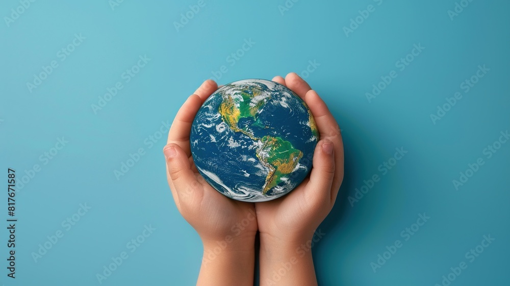 A human hand cradle a globe on a light blue nature background. As a symbol of care and concern for our only earth A human hand cradle a globe on a light blue nature background. As a symbol of care and concern for our only earth