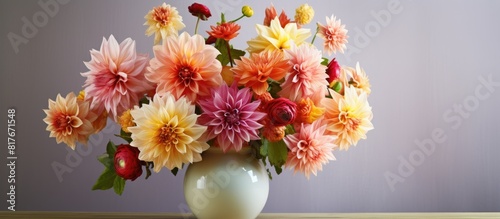 A lovely arrangement of vibrant Dahlia flowers in a vase displayed at home Perfect for adding a personal touch Copy space image © HN Works