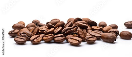 A copy space image of coffee beans on a white background is available