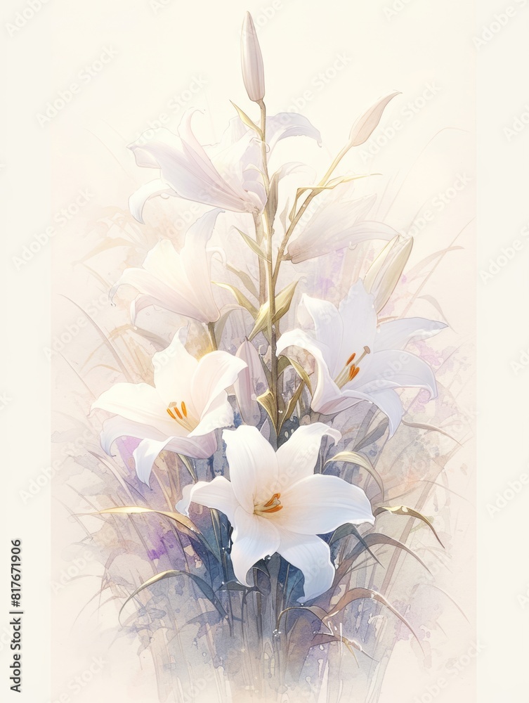 Obraz premium Lily flower, drawn with watercolor paints, bright colors, rough 2D animation, children's book illustration, isolated on white background