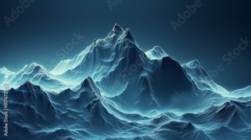 The image is a beautiful landscape of snow-capped mountains