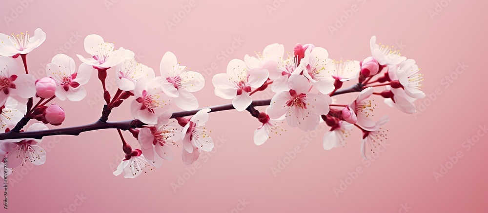 A branch adorned with pink blooming flowers set against a delicate pink backdrop with twinkling sparkle Ample room for text or images