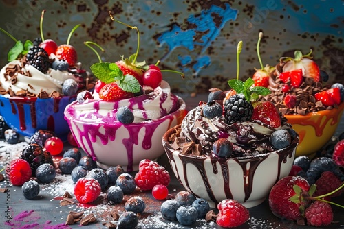 Different chocolate muffins and cakes in bowls with berries and fruits