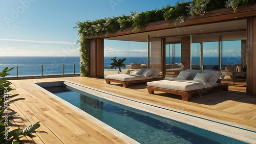 Sea view swimming pool in modern loft design Luxury ocean Beach house