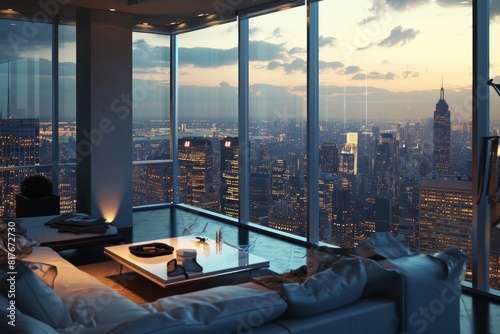 A luxurious penthouse apartment overlooking a bustling city skyline concept, Ai AI-generated © Tanu
