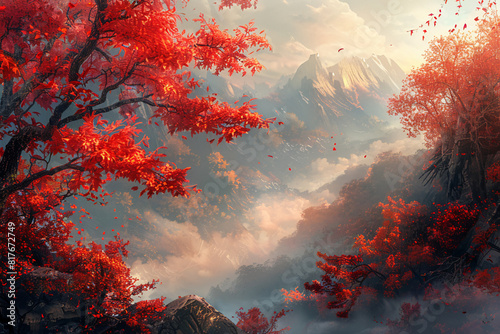 Imagine a surreal mountain scene where the fiery colors of autumn leaves intertwine with the delicate blossoms of spring  creating a mesmerizing tapestry of seasons
