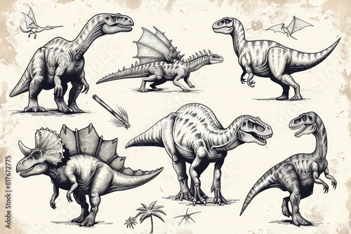 A variety of dinosaur figures captured in different poses. Ideal for educational materials or dinosaur enthusiasts