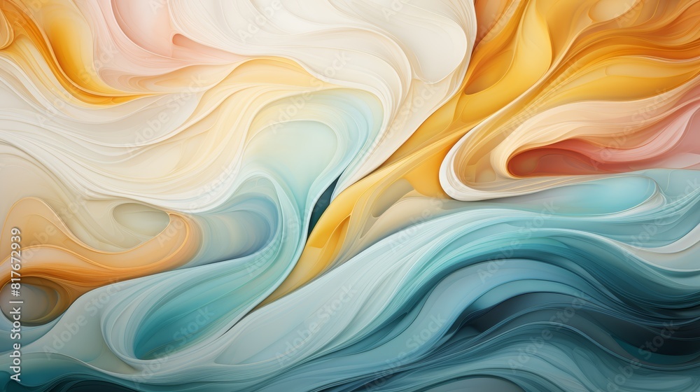 The image is a colorful abstract painting. It has a light blue background with yellow, orange, and white waves. The painting has a soft, dreamy feel to it. The image is a colorful abstract painting. It has a light blue background with yellow, orange, and white waves. The painting has a soft, dreamy feel to it.