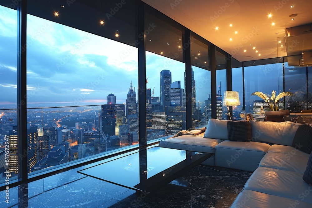 Fototapeta premium A luxurious penthouse apartment overlooking a bustling city skyline concept, Ai AI-generated