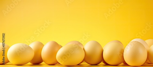 Yellow background with Easter eggs copy space image photo