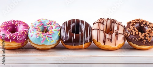 Copy space image of delicious donuts drizzled with icing and chocolate presented on a white wooden background photo