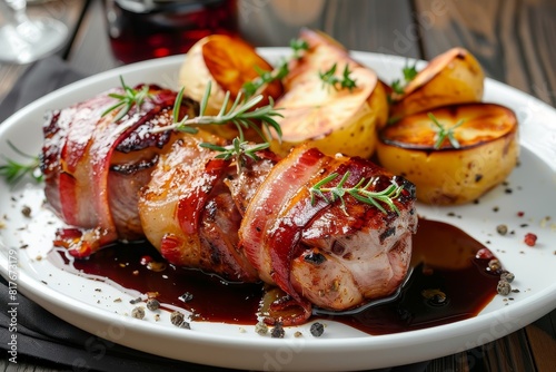 Bacon wrapped meat with potato and sauce on a white plate on wooden table