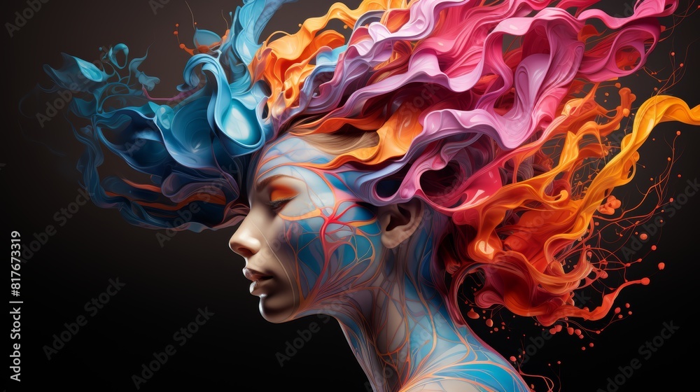 The image is a depiction of a woman with multicolored hair The image is a depiction of a woman with multicolored hair