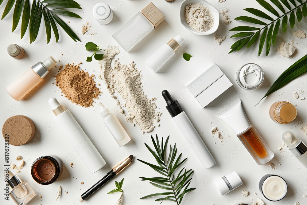 top view of a beautiful minimalistic arrangement of cosmetic and anti ageing items, flat white background with a little bit of sand