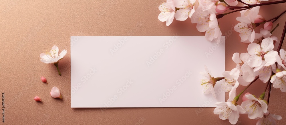 A top view copy space image of a blank card and a cherry blossom placed on a beige background for a mockup