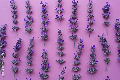 many lavender plants flatlay on lilac background