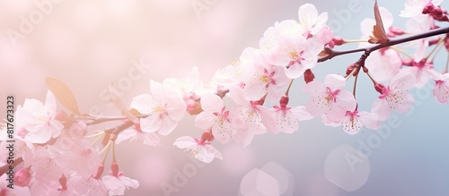 Soft pastel toned card featuring a beautiful springtime cherry blossom with bokeh background for copy space image