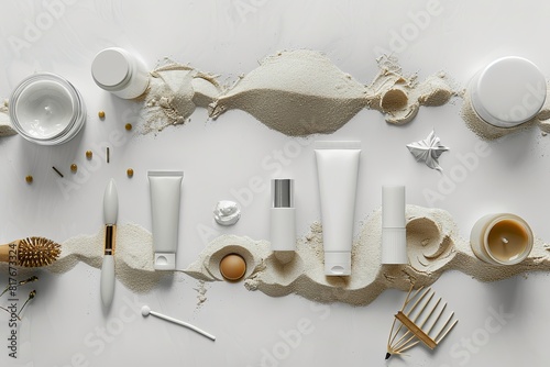 top view of a beautiful minimalistic arrangement of cosmetic and anti ageing items, flat white background with a little bit of sand