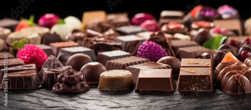 Swiss chocolate candies featuring a delectable assortment of flavors are showcased in this enticing copy space image photo
